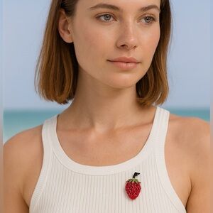 Vintage Strawberry Rhinestone Brooch Red Fruit Pin Enamel Stem 1”